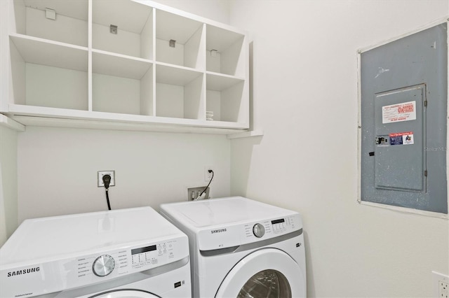 laundry area with electric panel and washing machine and dryer