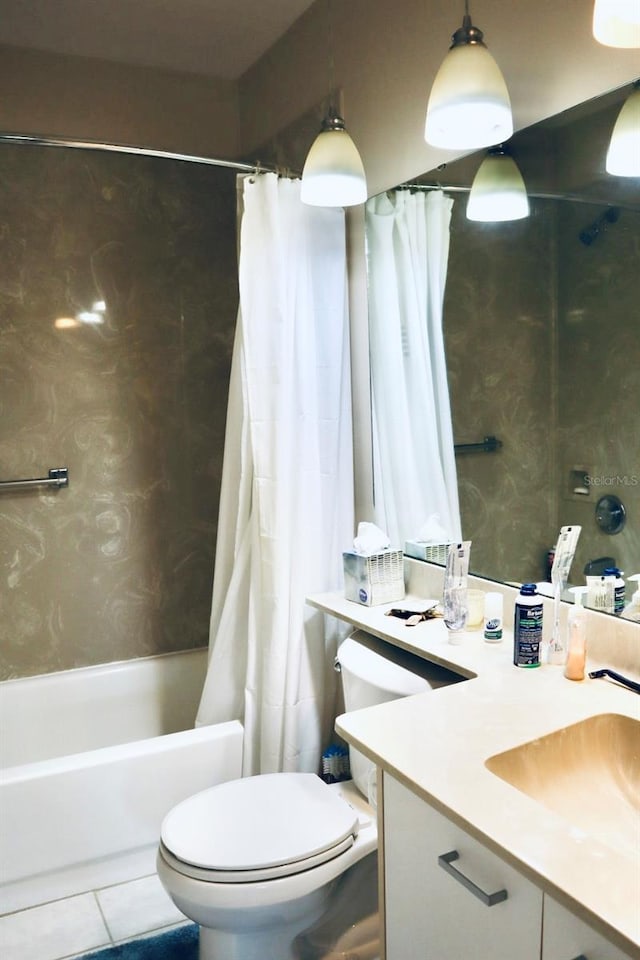 full bathroom featuring vanity, tile patterned floors, shower / bath combination with curtain, and toilet