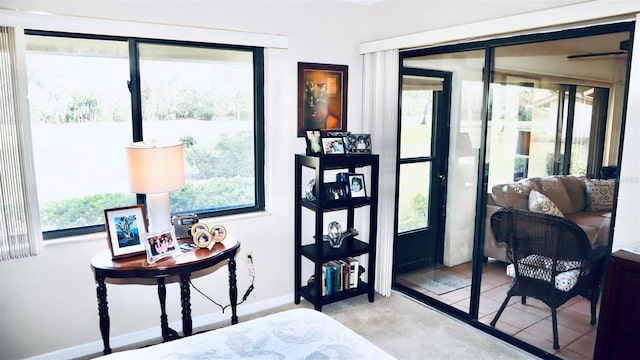 interior space featuring light carpet