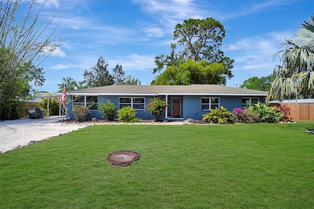 single story home featuring a front lawn and stucco siding