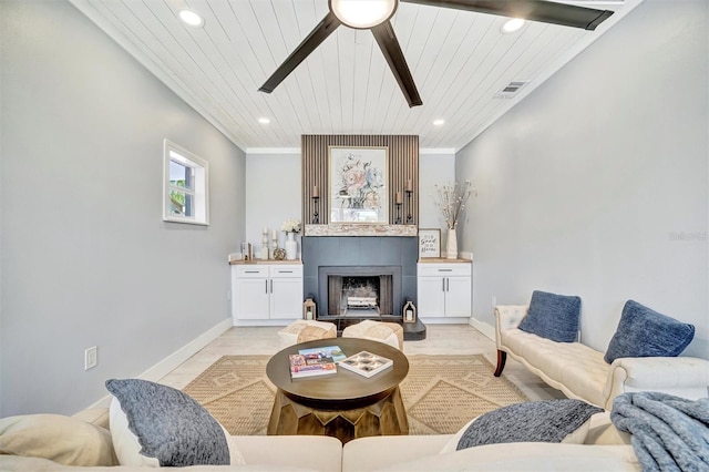 living area featuring a ceiling fan, wood ceiling, recessed lighting, baseboards, and a fireplace