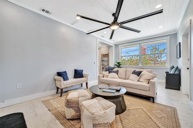 living room with ceiling fan, baseboards, recessed lighting, light wood-style flooring, and wood ceiling