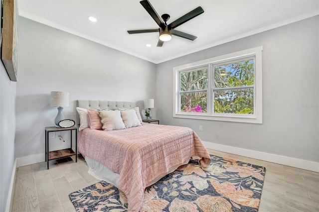 bedroom with ornamental molding, baseboards, wood finished floors, recessed lighting, and a ceiling fan
