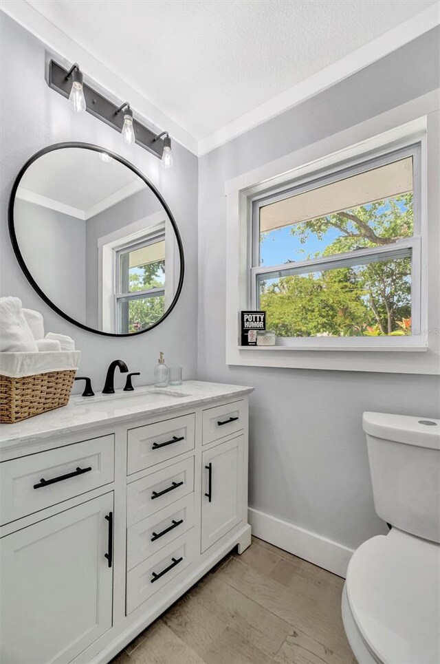 bathroom featuring baseboards, toilet, wood finished floors, vanity, and crown molding