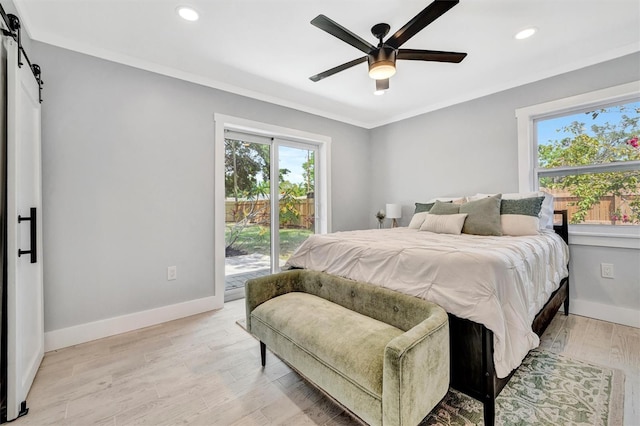 bedroom with access to outside, baseboards, recessed lighting, light wood-style flooring, and a ceiling fan