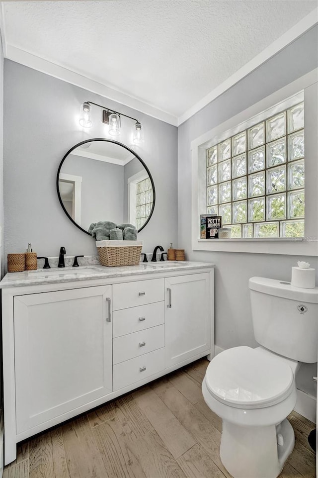 bathroom featuring wood finished floors, toilet, ornamental molding, double vanity, and a textured ceiling
