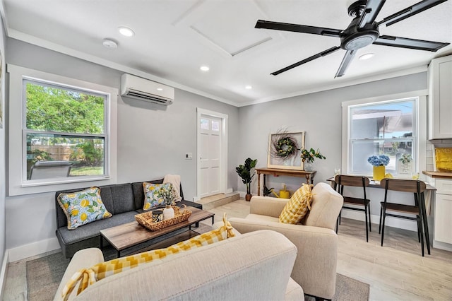 living area featuring an AC wall unit, crown molding, a ceiling fan, recessed lighting, and attic access