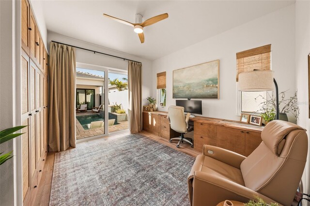 office space featuring light wood-style flooring and a ceiling fan