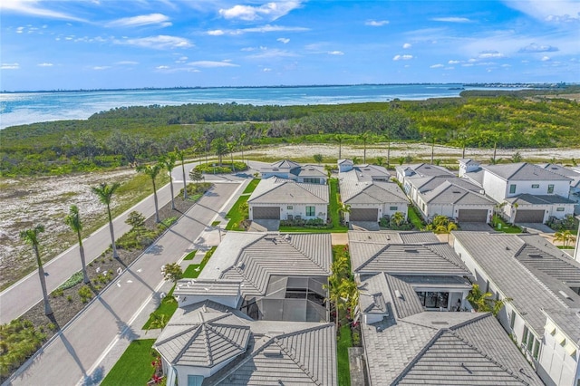 drone / aerial view with a residential view and a water view