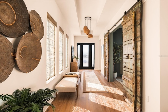 interior space featuring a barn door and light wood-style flooring