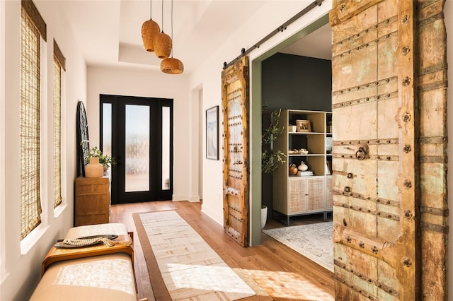 interior space featuring a barn door, light wood-type flooring, and a raised ceiling