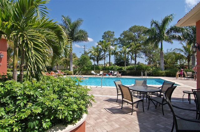 view of swimming pool featuring a patio area