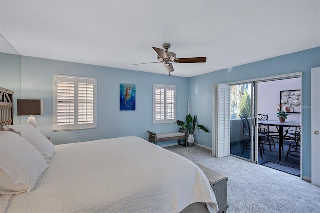 carpeted bedroom featuring ceiling fan and access to outside