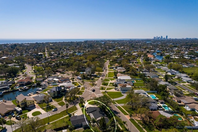 aerial view featuring a water view and a residential view