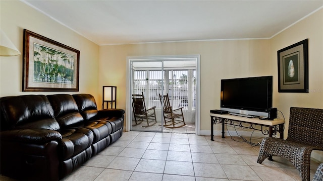 tiled living room featuring ornamental molding