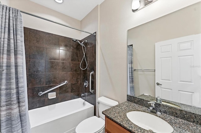 full bathroom with shower / bath combination with curtain, vanity, and toilet