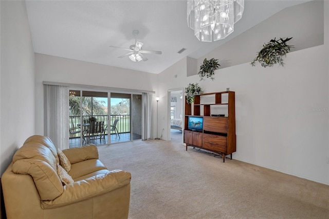 living room with carpet, high vaulted ceiling, and ceiling fan