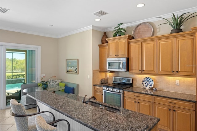 kitchen with stainless steel appliances, sink, dark stone countertops, and decorative backsplash