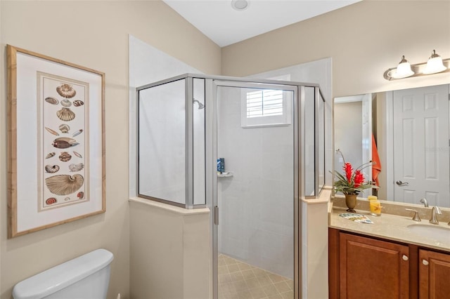 bathroom featuring vanity, toilet, and a shower with door