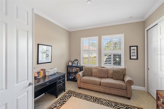 sitting room featuring ornamental molding and light tile patterned floors