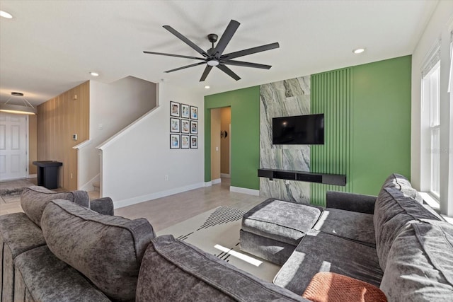 living room featuring ceiling fan