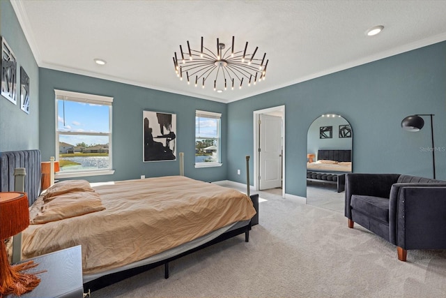 bedroom featuring ornamental molding, a water view, radiator, and light colored carpet