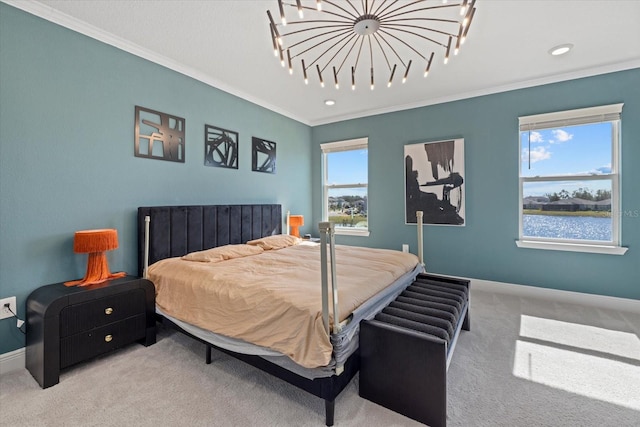 bedroom featuring ornamental molding, a water view, and light colored carpet