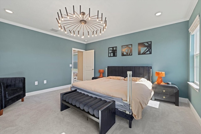 carpeted bedroom with multiple windows, ornamental molding, and an inviting chandelier