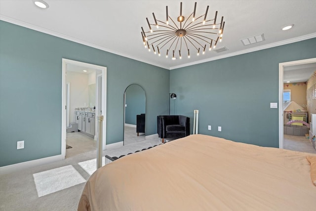 bedroom featuring crown molding, light colored carpet, a chandelier, and ensuite bath