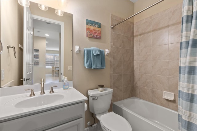 full bathroom with toilet, vanity, and shower / bathtub combination with curtain