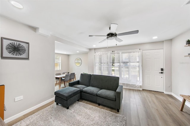 living room with light hardwood / wood-style floors and ceiling fan