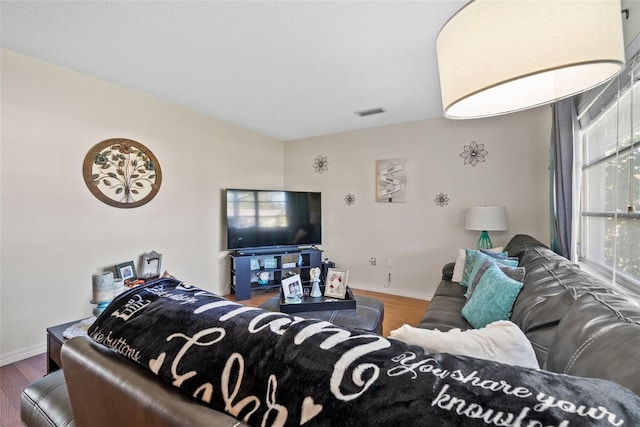 living room with dark hardwood / wood-style floors