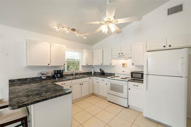 kitchen with sink, white appliances, kitchen peninsula, and white cabinets