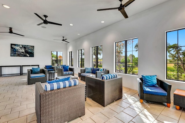 interior space featuring plenty of natural light, light tile patterned flooring, and recessed lighting