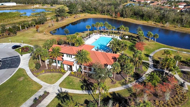 drone / aerial view featuring a water view