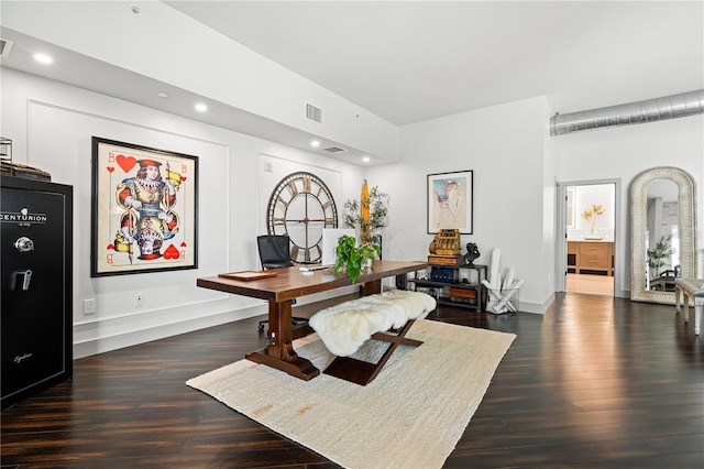 office area with dark wood-type flooring, recessed lighting, and visible vents