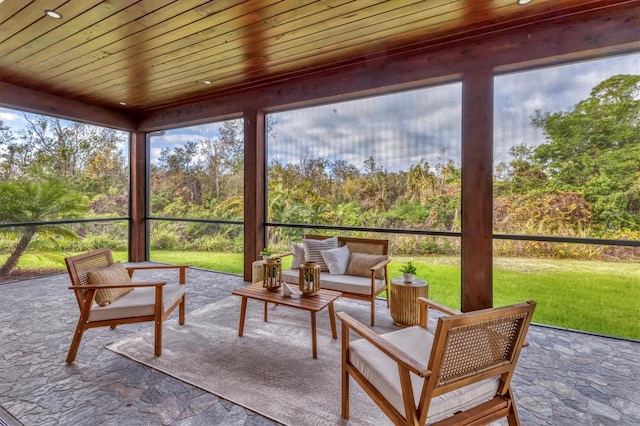 sunroom with wooden ceiling