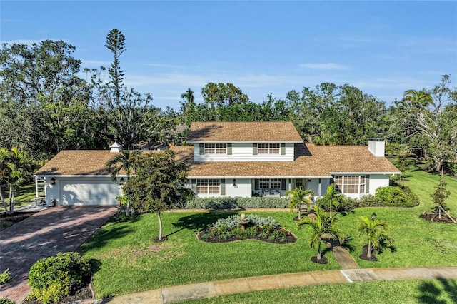 7820 Seville Cir, Bradenton, FL 34209 - traditional-style house with an attached garage, driveway, a front yard, and a chimney