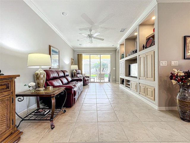 living room featuring baseboards, built in features, ornamental molding, a textured ceiling, and a ceiling fan