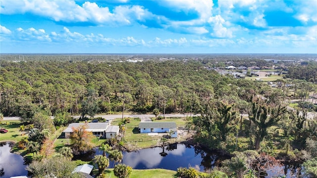 birds eye view of property featuring a wooded view and a water view