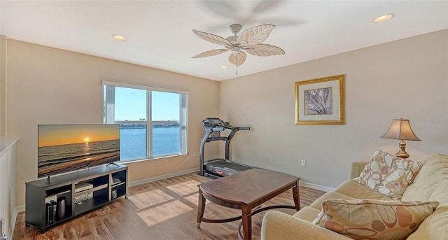 living room featuring hardwood / wood-style flooring and ceiling fan