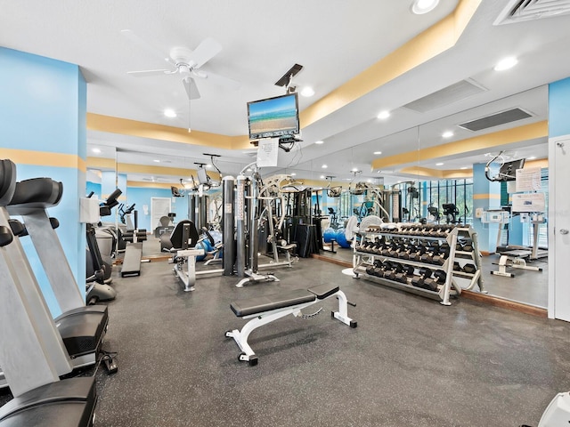 workout area with ceiling fan