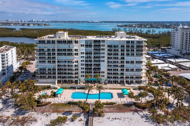 drone / aerial view featuring a water view