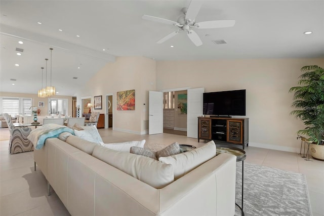 tiled living room featuring high vaulted ceiling, ceiling fan with notable chandelier, and beam ceiling