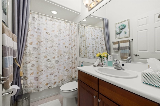 full bathroom featuring tile patterned flooring, vanity, shower / bath combination with curtain, and toilet