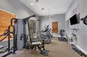 workout area with carpet floors and ceiling fan