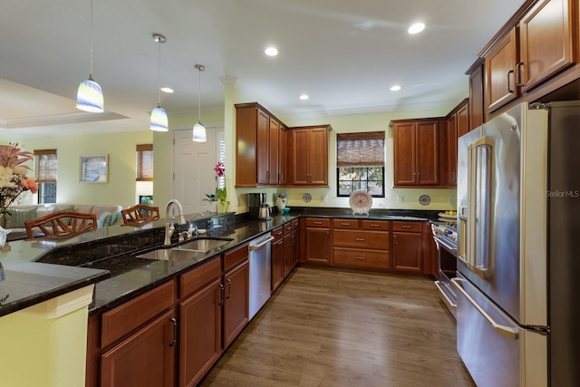 kitchen with pendant lighting, dark wood-style flooring, a sink, high quality appliances, and dark stone counters