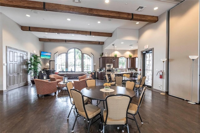 dining area with baseboards, visible vents, dark wood-style floors, beam ceiling, and recessed lighting