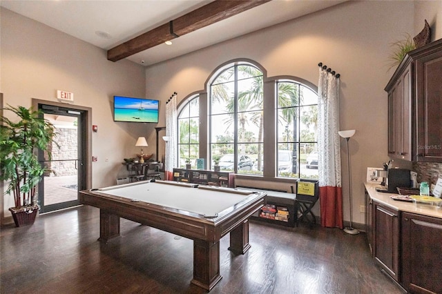 recreation room featuring dark wood-style floors, beamed ceiling, and billiards