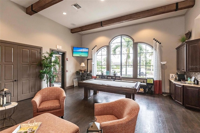 game room with billiards, baseboards, visible vents, dark wood-type flooring, and beam ceiling